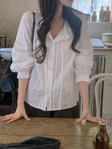 #Frill Collar Strap Puff Long Sleeve Blouse