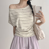 Soft and flexible half-off-shoulder striped short-sleeve T-shirt (3 colors)