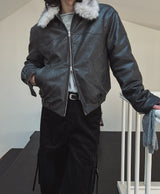 [premium] Frame Raccoon Collar Leather Jacket