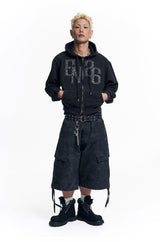 Washed Leather Patch Hooded Zip-Up - Black