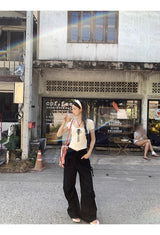 Lace Black Side Shirring Casual Pants