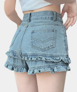 Ruffle Ring Layered Denim Shorts