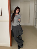 [Muffler Set/Fake Layered] チャドストライプレイヤードショートスリーブニットTシャツセット