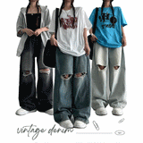 [S~XL] Bendil サイドピンタックニーズカッティングデニムワイドパンツ