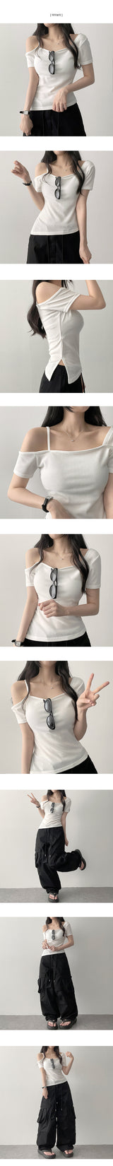 Ring uncut string square short sleeves tee