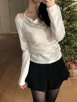 Halter Neck Ribbon Strap Off Shoulder Knit (3color)