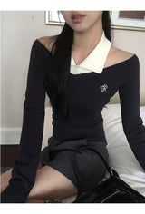 カラードワイドVネック長袖ニットTシャツ