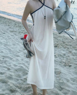 [ beach look ] nude lip line halter long ops