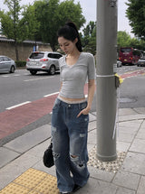 Redo Damage Washing Wide Denim Pants
