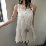 Airu pintuck punching lace layered string tank top mini dress