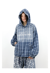 RELABEL (Gemeng) Stud-embellished, printed, gradient-wash checked hooded denim sweatshirt