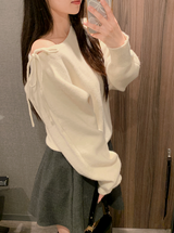#ワンショルダーリボンボートネックタイニット (4color)