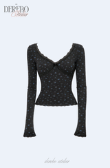 Blue Floral Deep V Long Sleeve T-shirt