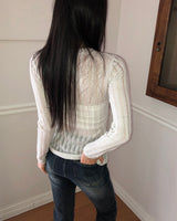 Tohe cubic ribbed bone V-neck See-Through Long-Sleeved T-shirt