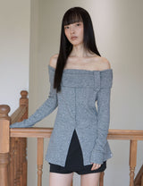 BUTTON OFF-SHOULDER KNIT(GREY)