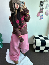 フリース🩷サイドピンタックロングワイドオーバーパンツ 💙🤎🩷🩶🖤5COLOR
