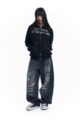 Lettering Embroidered Hoodie Zip-Up - Black