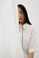 Linen crinkle half shirt, Ivory
