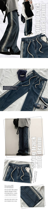 [S–XL] Lot String Track Wide Denim Pants