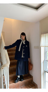 Renee Navy No Collar Round Half Coat