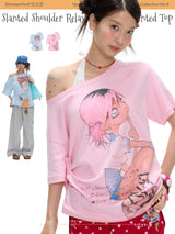 BETWEENAND Slouchy shoulder, lightweight, versatile short-sleeve T-shirt for women with cartoon girl print – summer version