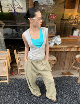 カラーフェイクツーピースレイヤードスリーブレスTシャツ