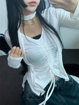 SCARF SET🧸SHRING RUFFLE SLICK POINT SLIM LONG SLEEVE T SHIRT 🧸🤍🖤🩶3COLOR