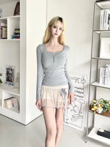1484. ドットシャーリングシフォンリボンスカートパンツ (3color)