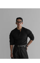 リブ付きヘンリーネックマッスル長袖ニットTシャツ [Black]