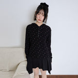 FLOWER WAFFLE BUTTON HOODIE - BLACK