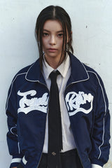 (W) CROP BIG LOGO PIPING BLUESON - NAVY