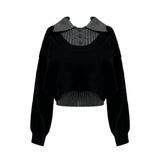 Halter collar sleeveless & long sleeve cropped knit two-piece set (2 colors)