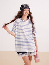 レースストライプミックススリムフィットTシャツ
