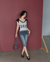 Number rag and coloration short-sleeved T-shirt