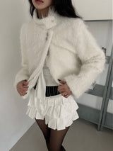 Classic Metal Wave Double Button High Neck Fur Coat (White)
