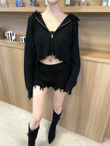 1418. Knit damage hood zip-up (3color)