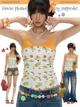BETWEENAND Hawaii-style pleated, asymmetrical color-block top for women, with printed straps and a tank top design