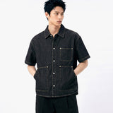 Oversized Pocket Short-Sleeve Denim Shirt Black