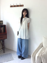 Selly Button Round Collar Puff Sleeve Frill One Piece