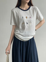 カラーブロックカートゥーン刺繍Tシャツ
