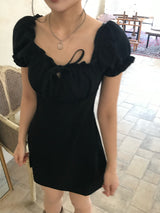 Garden Square Puff Shirring Ribbon Mini Dress
