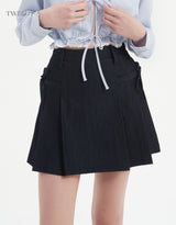 (NEW) Denim Ribbon Pleats Skirt 2 Colors