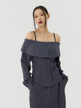 Scratch Cape Off-Shoulder Belted Shirt, Charcoal