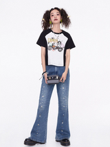 プリントショートスリーブラグランラウンドネックTシャツ