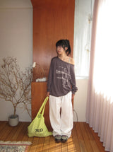 ガウス ルーズフィット プリンティング オフショルダー ロングスリーブ Tシャツ