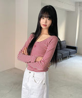 STRIPE U NECK LONG SLEEVE T-SHIRT [3color]