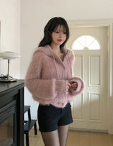Winter Angora Knit Hooded Cardigan