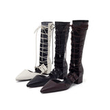 String Lace-Up Under The Knee Boots Heel(Brown)