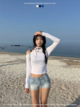 Unbuttoned off-shoulder halter strap long sleeve T-shirt (3 colors)