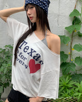 ウェットオーバーサイズフィット オフショルダープリント半袖Tシャツ